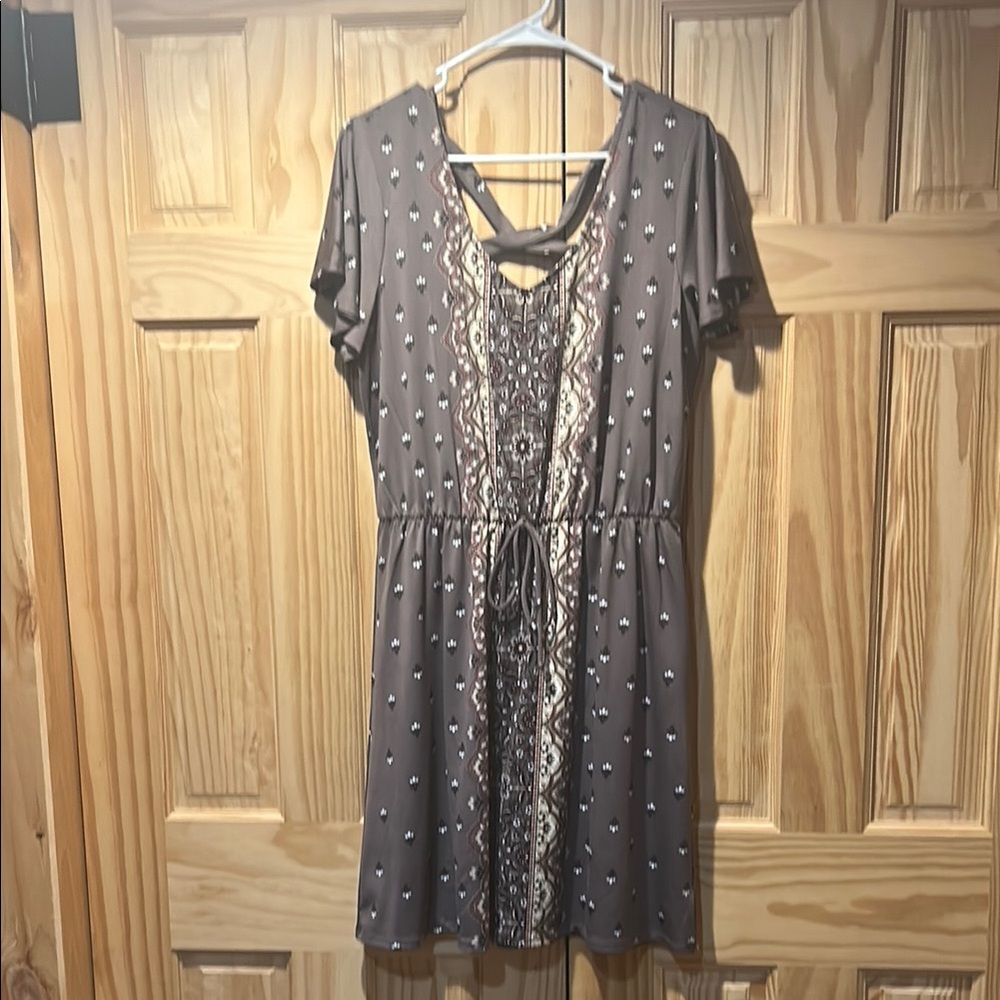 Elegant Taupe Patterned Mini Dress